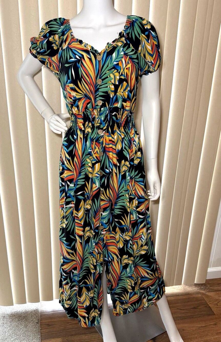 Kindred XL Tropical Leaf Maxi Dress Smocked Waist Puff Sleeve Button Front Rayon